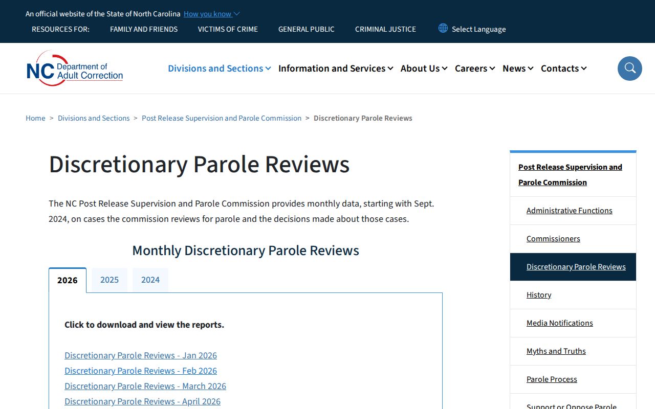 North Carolina parole board monthly discretionary review results archive