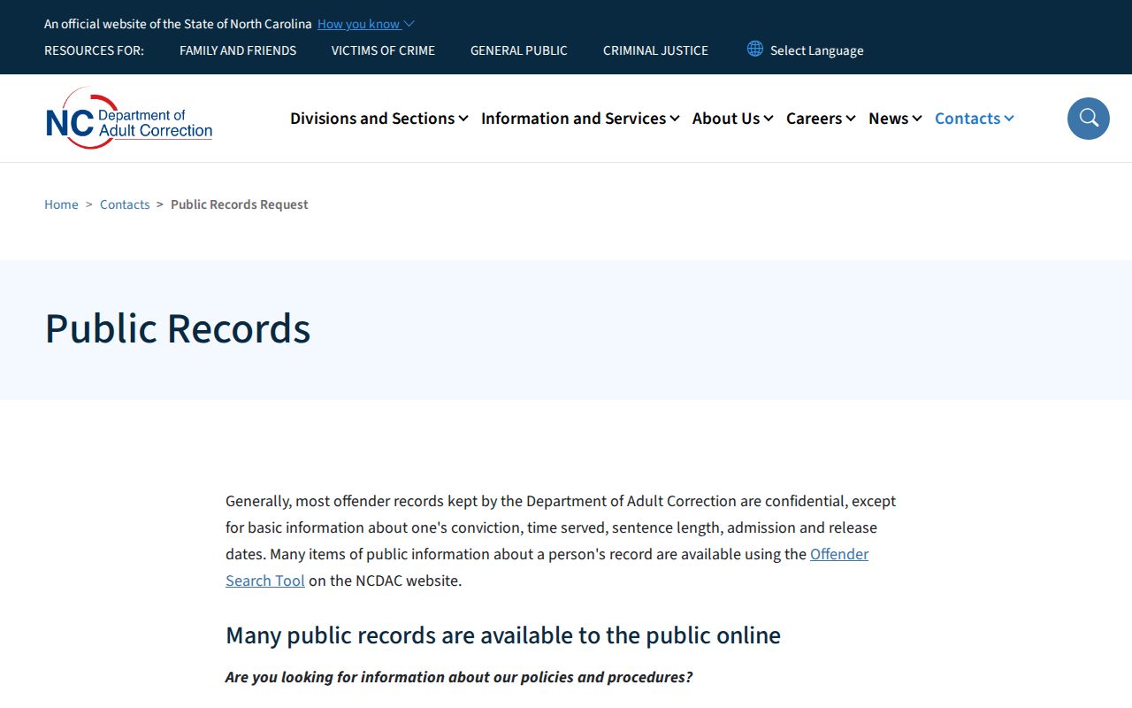 NCDAC public records route for North Carolina inmate release information