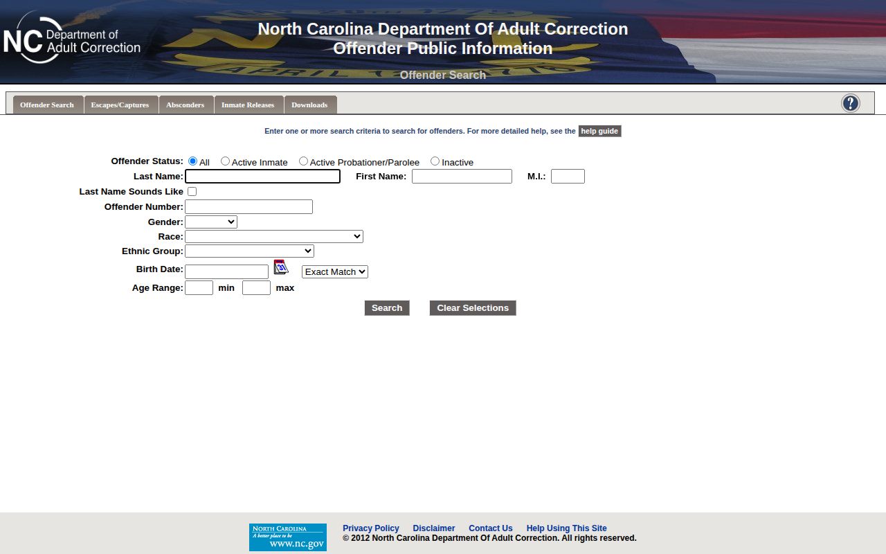 NCDAC OPI form used to locate North Carolina released inmates