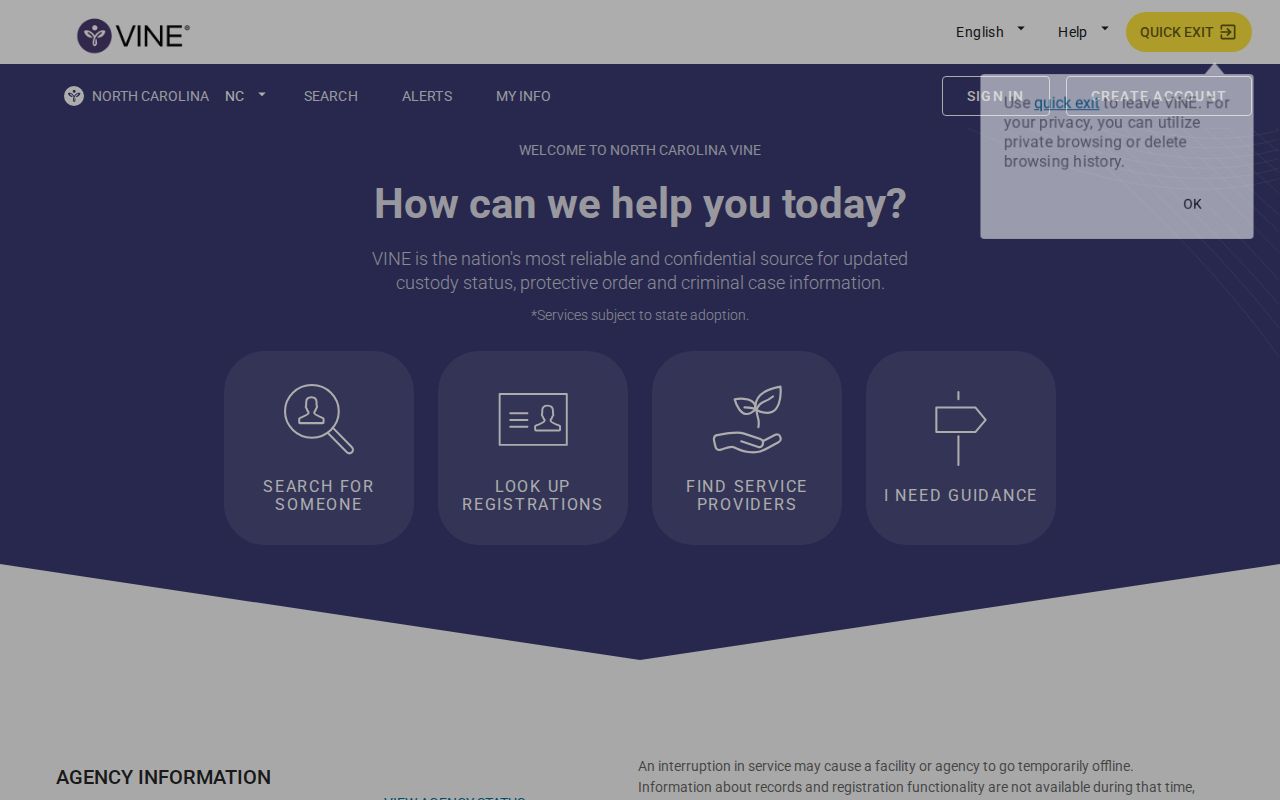 North Carolina VINELink release check search screen
